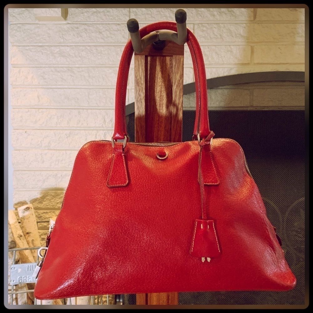 PRADA Red Saffiano Leather Structured Top Trapezoid Satchel Tote w/Dual Handles